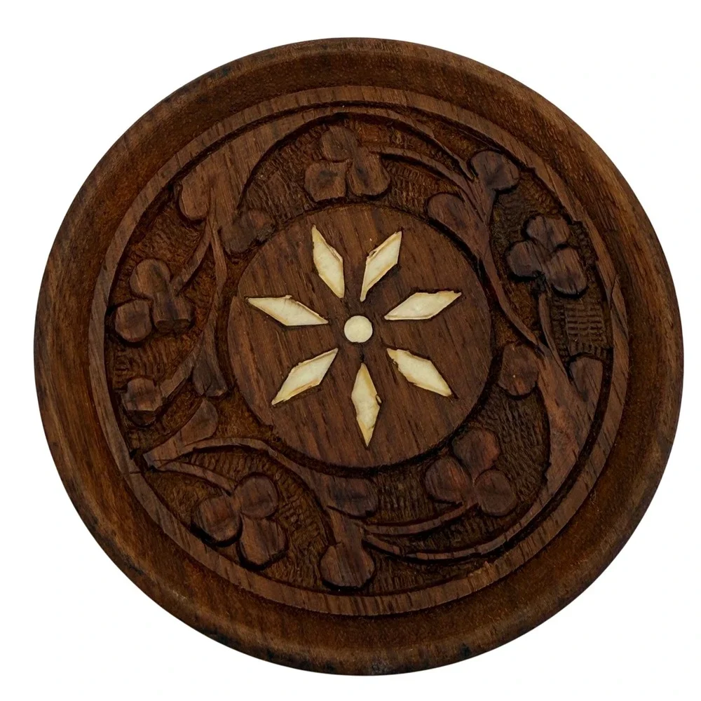 Vintage Busch Gardens Hand-Carved Bone Inlay Wood Coaster Set - 6 Floral